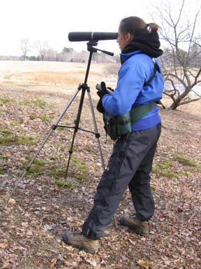 Dr. Christine R. Maher observing groundhogs through a spotting scope