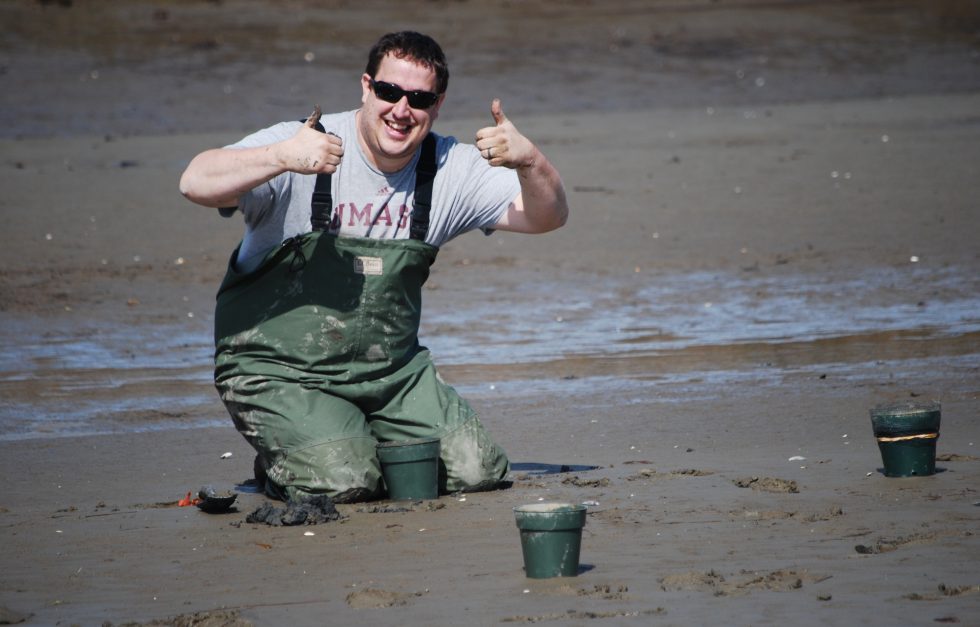 Jeremy thumbs up on mud flat, May 2014