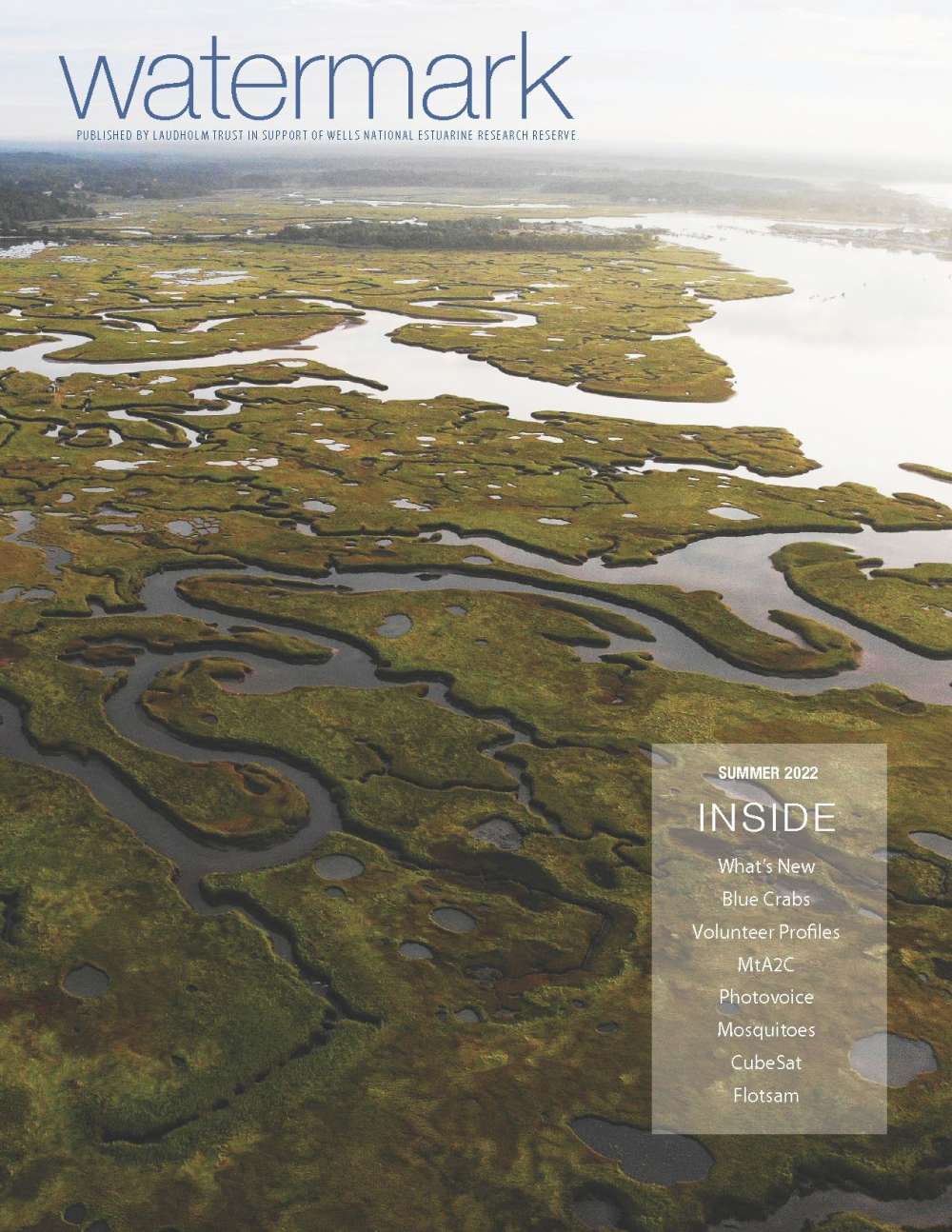 Cover of summer 2022 Watermark newsletter with drone photo of Webhannet estuary