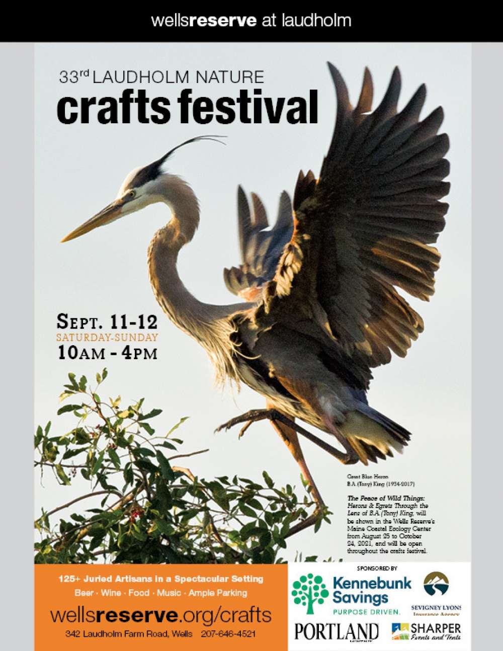 Flyer for the 33rd Laudholm Nature Crafts Festival features a great blue heron landing on a tree top, photographed by Tony King. Details of the event are provided.