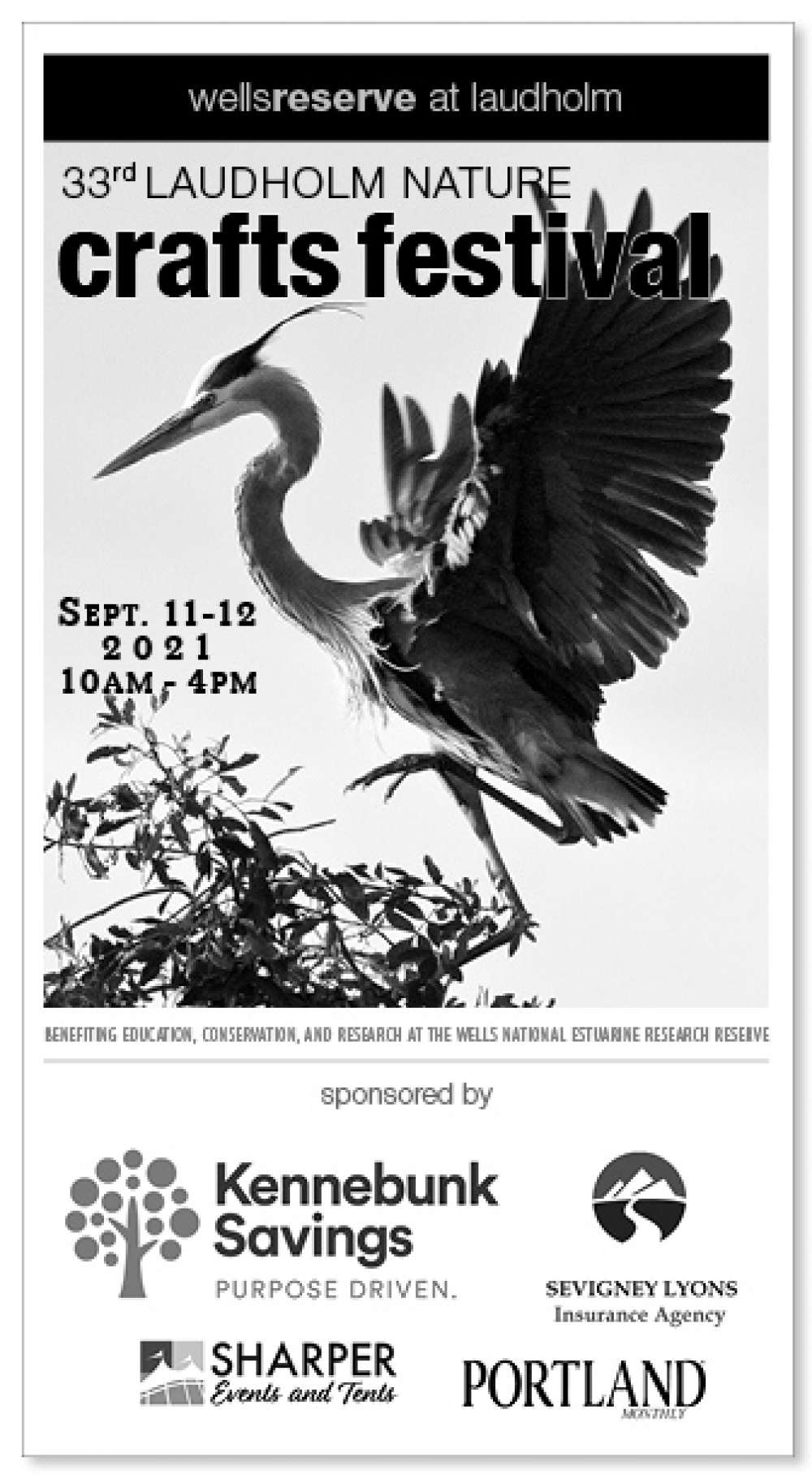 Cover of the program brochure for the 2021 Laudholm Nature Crafts Festival, featuring a great blue heron landing in a treetop.