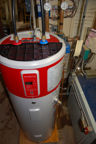 High-efficiency water heater in basement of farmhouse