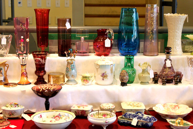 Ceramics and glassware displayed at 2012 antiques show