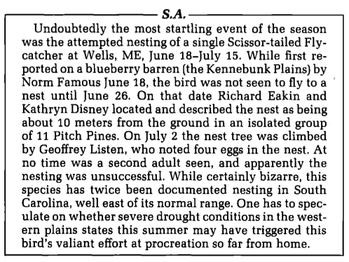 Excerpt from American Birds detailing attempted nesting by a scissor-tailed flycatcher on Kennebunk Plains in 1988.