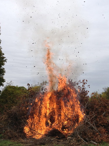 The burn pile aflame