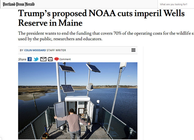 Screenshot of Portland Press Herald story by Colin Woodard on proposed cuts to the National Oceanic and Atmospheric Administration.