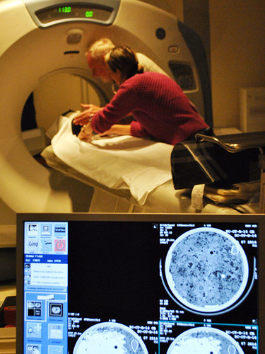 Ecologists use a CT scanner at Southern Maine Health Care to inspect a peat sample taken from a Maine salt marsh.