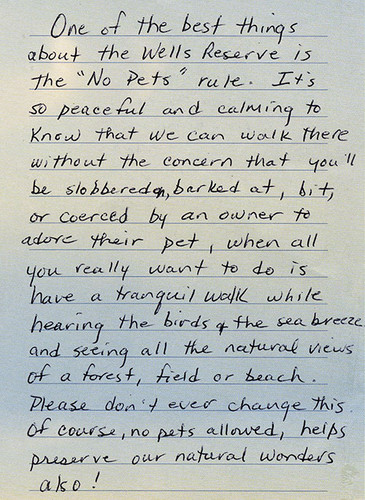 Handwritten note beginning 'One of the best things about the Wells Reserve is the 'no pets' rule.