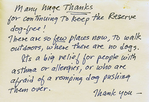 Handwritten note beginning 'Many huge thanks for continuing to keep the reserve dog-free!
