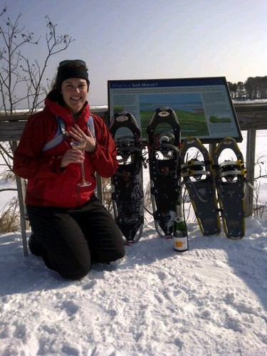 Beth, champagne, and snowshoes.